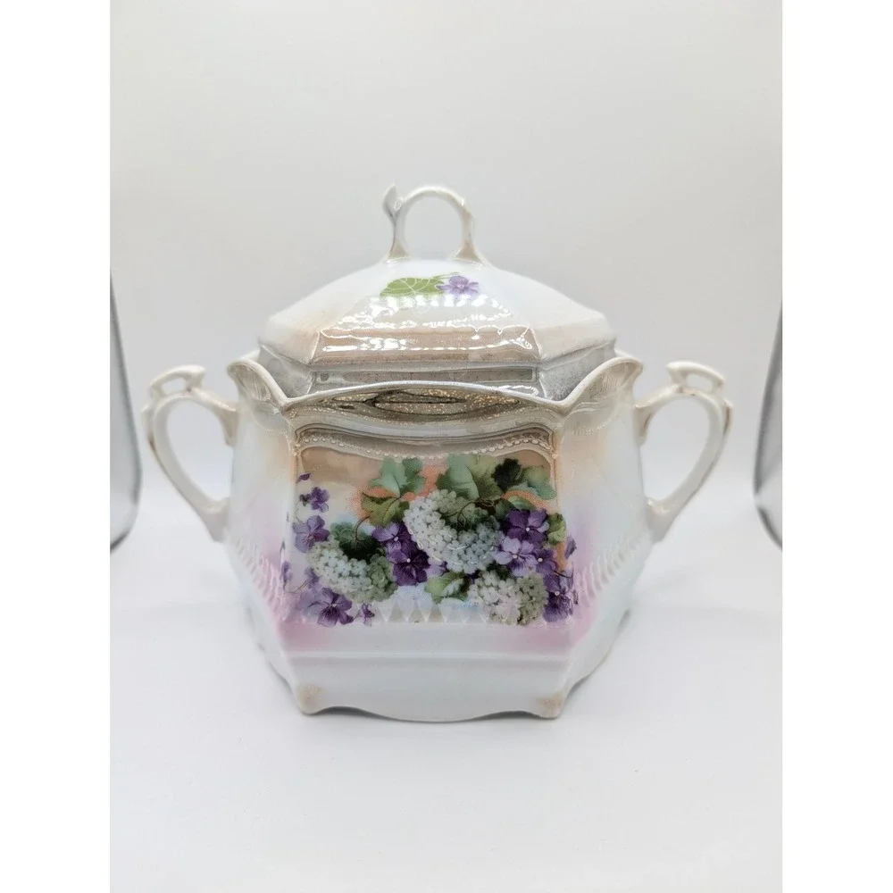 Antique Germany Porcelain Lidded Sugar Bowl Purple Violets Hydrangea Gold Luster